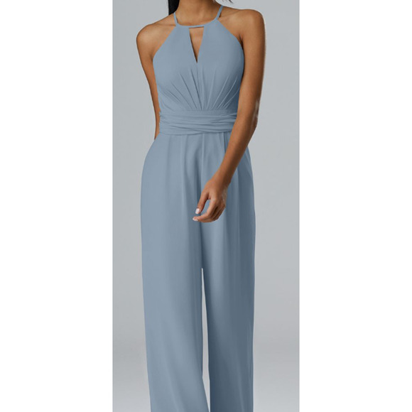 AW BRIDAL SZ 10 L light dusty blue halter keyhole wide leg jumpsuit NEW B152 - Picture 1 of 10